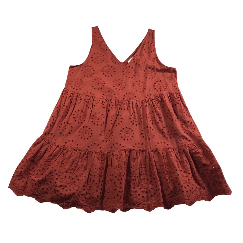 LOFT Terracotta Orange Floral Eyelet Tiered Babydoll Mini Dress L Large